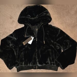 NWT TRUTH BY REPUBLIC Faux Fur Zip Up Hooded Jacket Black Size Small